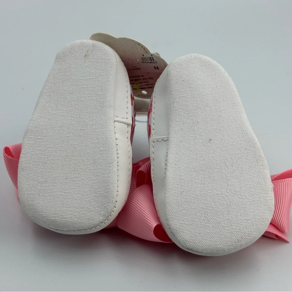 First Steps Pink Leopard Crib Shoes Size 1 (0-3 months) Big Bow Heart Gem New
